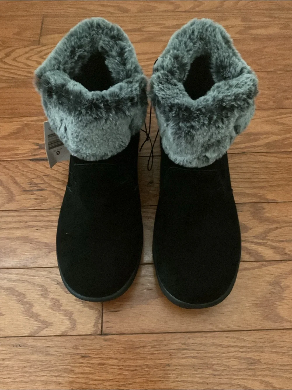 Khombu Black Ankle Boots with Gray Faux Fur Cuff Jessica Style - Brand New